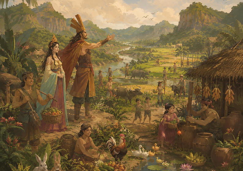 Sơn Tinh đi khắp muôn nơi, dạy dân trồng lúa, đánh cá, phát triển sản xuất. Cuộc sống muôn dân ngày một ấm no, yên bình, hạnh phúc.