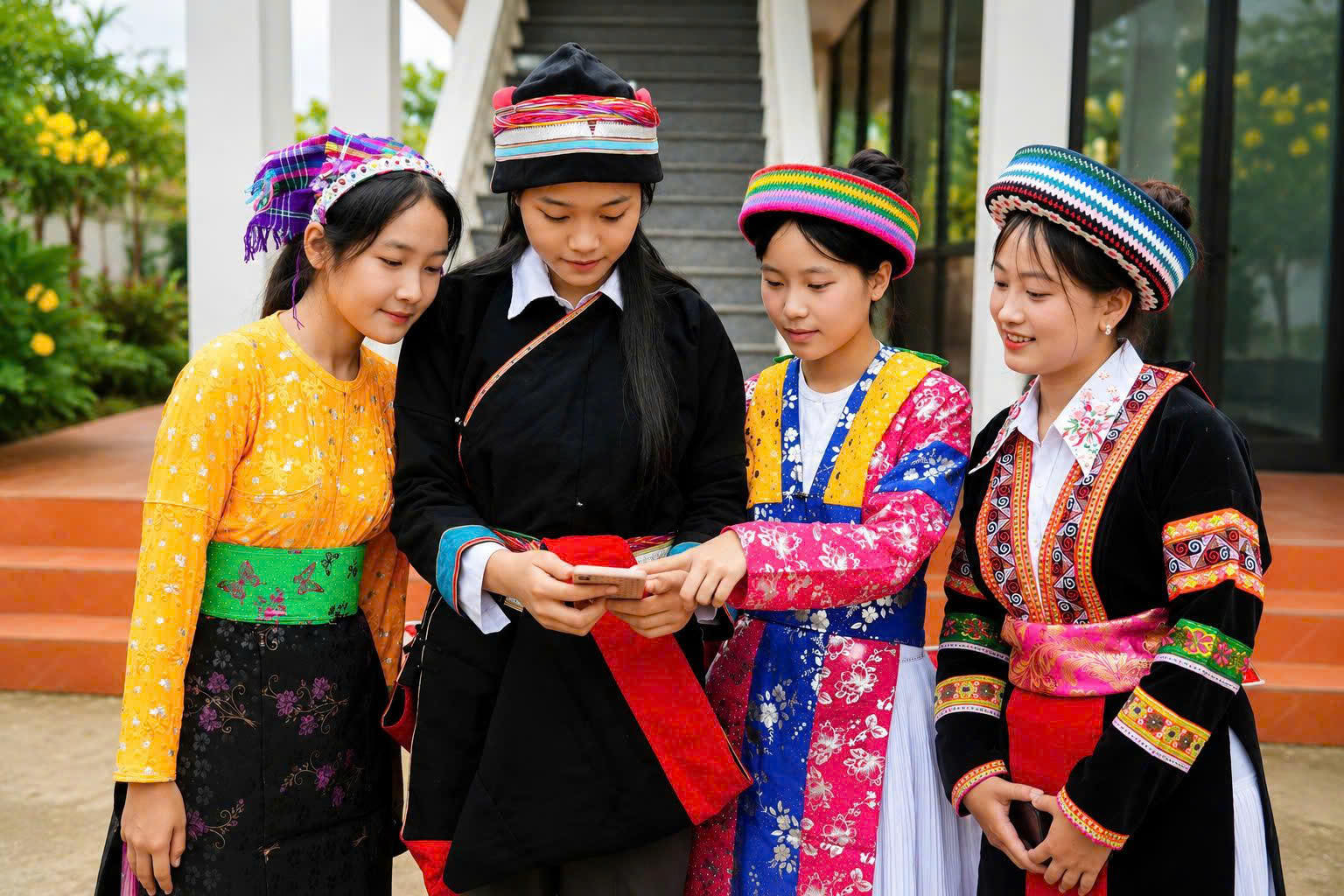 Đồng bào dân tộc thiểu số tại Thuận Hòa diện những bộ trang phục truyền thống được làm cầu kỳ.