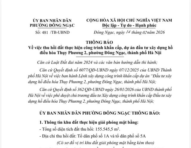 Hà Nội: UBND phường Đông Ngạc thông báo về việc thu hồi đất thực hiện công trình khẩn cấp, dự án đầu tư xây dựng hồ điều hòa Thụy Phương 2