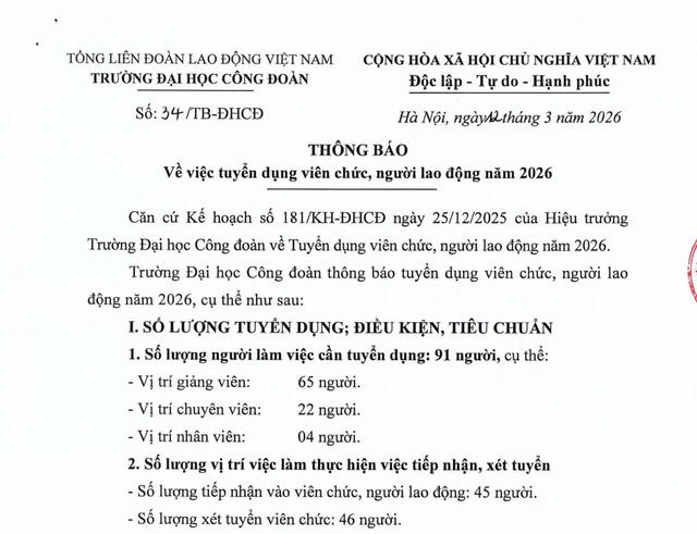 Trường Đại học Công đoàn thông báo tuyển dụng viên chức, người lao động năm 2026