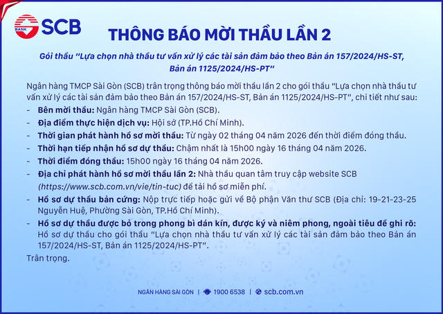 SCB thông báo mời thầu lần 2 gói thầu “Lựa chọn nhà thầu tư vấn xử lý tài sản bảo đảm theo Bản án 157/2024/HS-ST, Bản án 1125/2024/HS-PT”