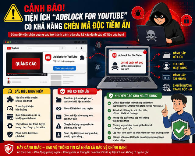 Cảnh báo tiện ích chặn quảng cáo YouTube có thể đánh cắp dữ liệu, người dùng cần gỡ ngay nếu đã cài
