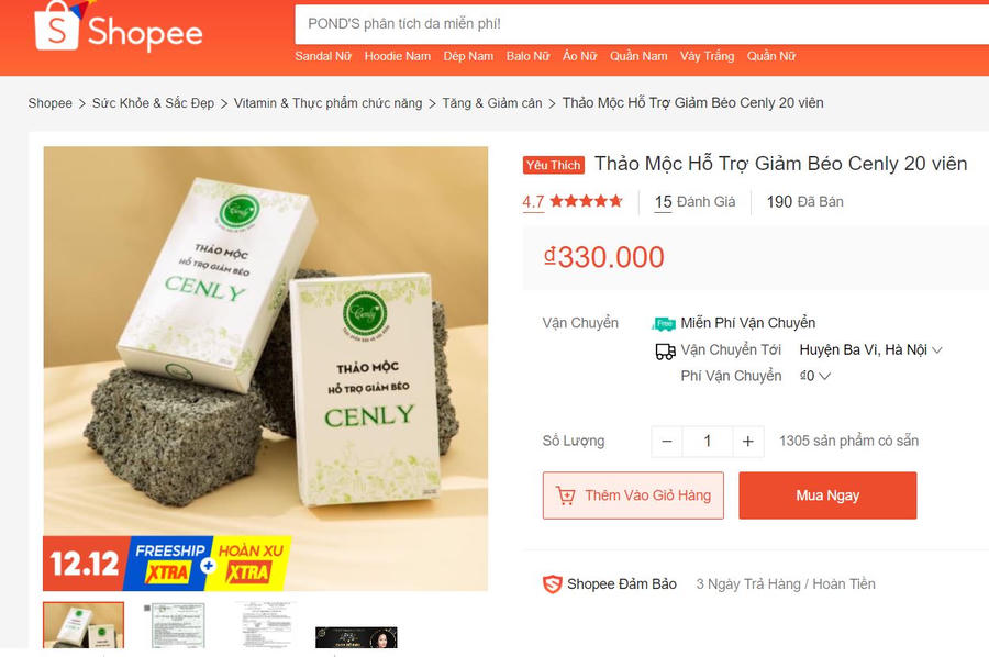 Sản phẩm Thảo mộc Hỗ trợ giảm béo cenly bị thu hồi giấy tiếp nhận công bố sản phẩm đang bày bán trên trang thương mại điện tử Shopee