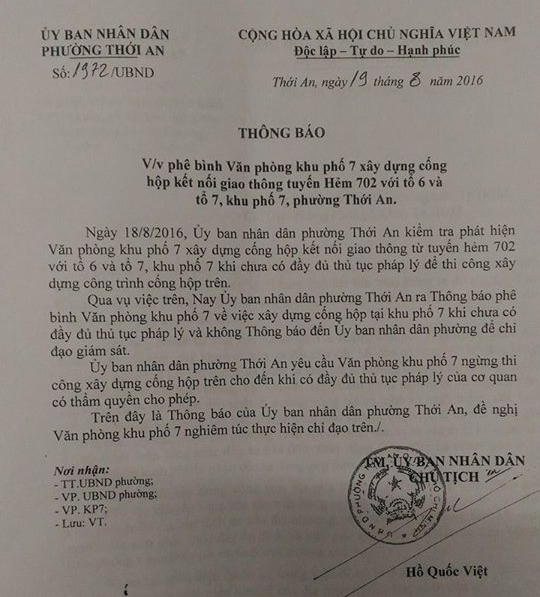 Liệu Khu phố 7 bất chấp pháp luật, qua mặt phường để xây công trình cống mà chín phường Thới An là chủ đầu tư?