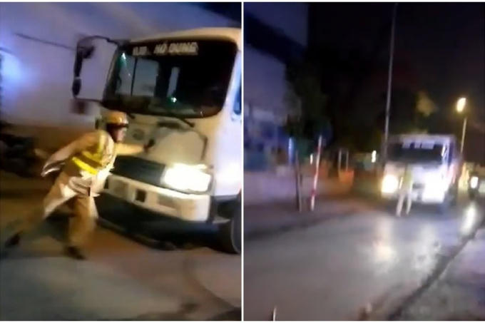 Hình ảnh chiến sỹ CSGT bị tài xế lao thẳng xe vào người (ảnh cắt từ clip).