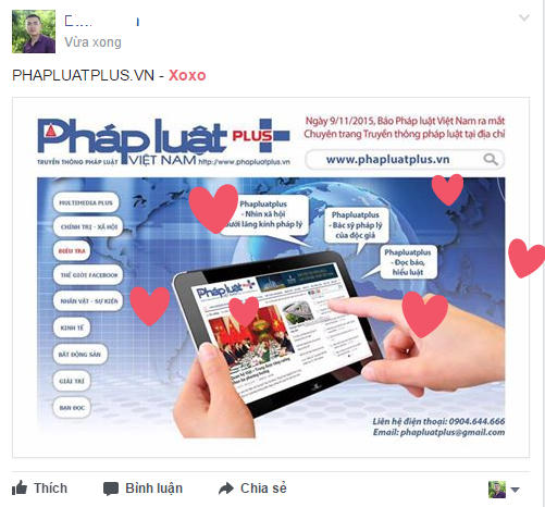 Khi gõ xong từ xoxo,Hali trên status rồi đăng lên những trái tim đã bay lên