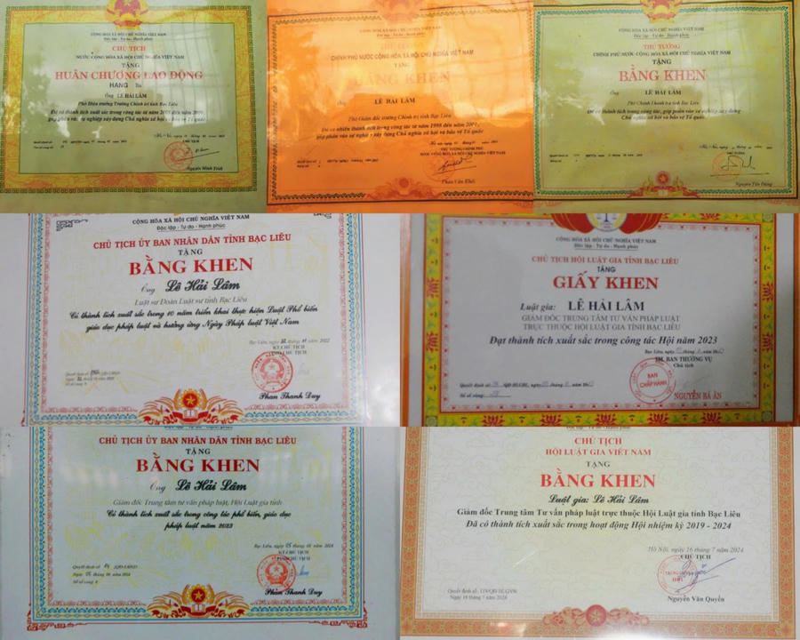 Luật sư Lê Hải Lâm vinh dự được nhận Huân chương Lao động hạng III; Bằng khen của Thủ tướng Chính phủ; Bằng khen của UBND, Chủ tịch UBND tỉnh Minh Hải và tỉnh Bạc Liêu; danh hiệu chiến sĩ thi đua cấp tỉnh… nhiều Kỷ niệm chương, Bằng khen khác...