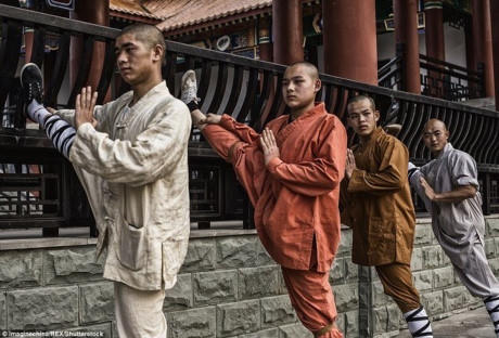 Cảnh luyện v&otilde; gian tru&acirc;n trong ch&ugrave;a Thiếu L&acirc;m ở Trung Quốc