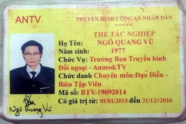Thẻ tác nghiệp mang tên Ngô Quang Vũ của Đài truyền hình ANTV (CAND).