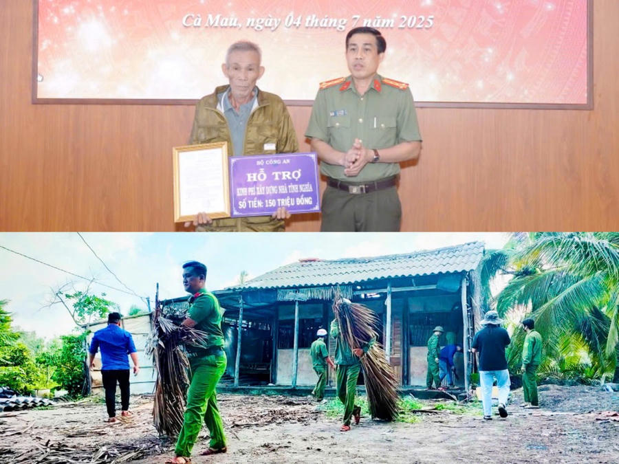 Đại tá Lê Tấn Vinh - Phó Giám đốc Công an tỉnh Cà Mau trao 150 triệu đồng hỗ trợ gia đình ông Trương Văn Hoàng xây dựng nhà mới và lực lượng Công an xã hỗ trợ tháo dở nhà cũ.
