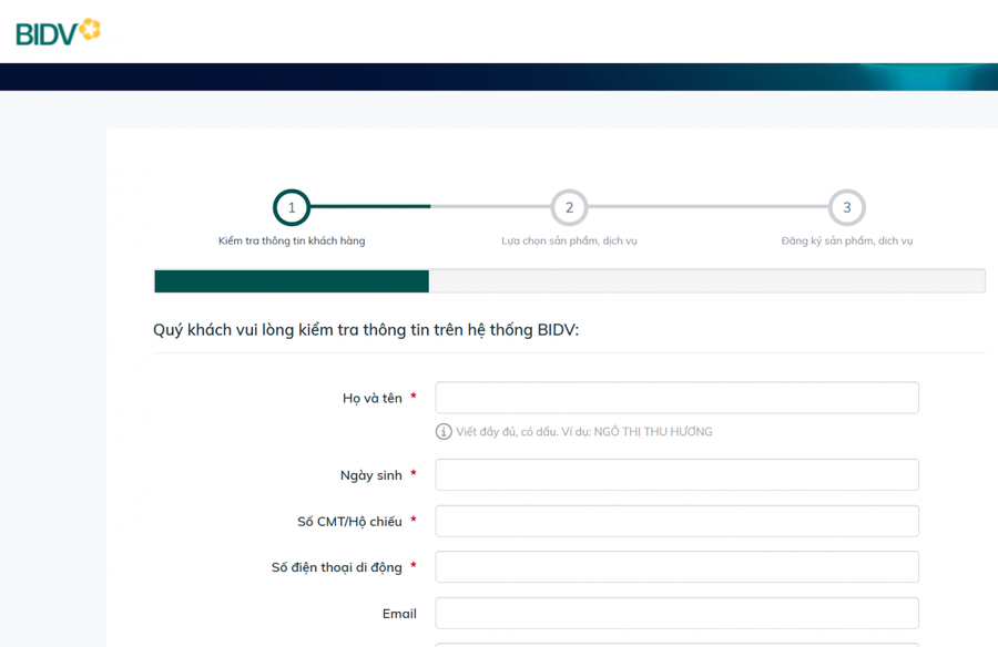 Giao diện đăng ký mua vàng của BIDV.