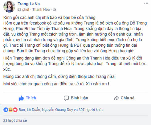 Chị Trang chia sẻ những thông tin liên quan đến sự việc trên trang cá nhân.