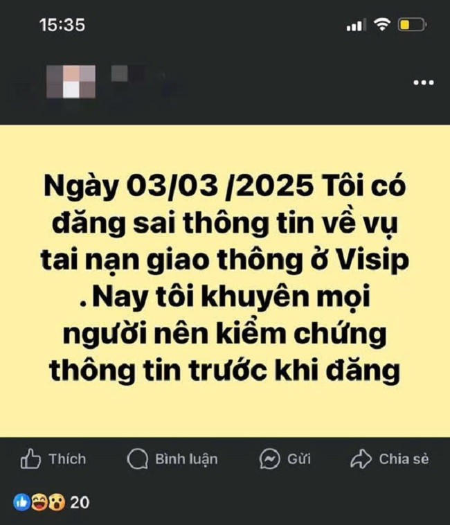 Ông S. đăng cải chính trên mạng xã hội Facebook sau khi đăng tải nội dung bịa đặt về vụ tai nạn giao thông - Ảnh Công an Nghệ An.