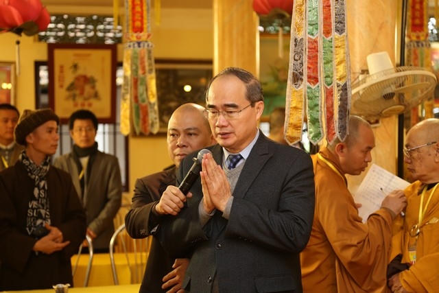 Đồng chí Nguyễn Thiện Nhân - Ủy viên Bộ chính trị - Chủ tịch Ủy ban Trung Ương MTTQ Việt Nam phát biểu tại buổi khánh tuế.