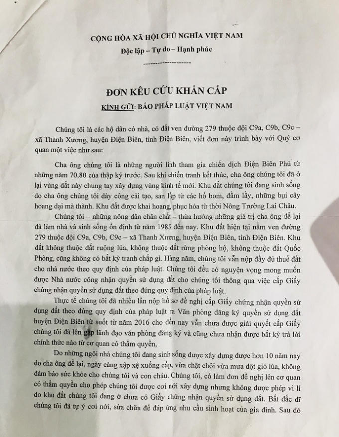 Đơn kêu cứu của các hộ dân tại xã Thanh Xương, huyện Điện Biên gửi Báo Pháp luật Việt Nam.