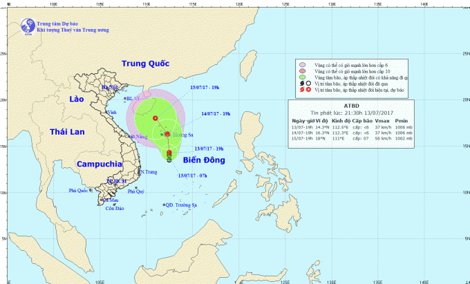 Dự báo hướng đi của áp thấp trên biển. Ảnh: nchmf.gov.vn