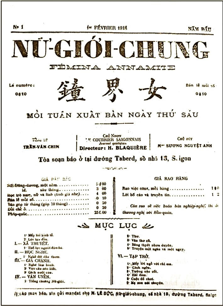 Báo Nữ giới chung số 1, ra ngày 1/2/1918 ghi rõ Chủ bút Sương Nguyệt Anh. (Ảnh tư liệu)