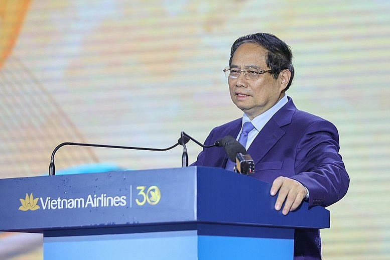 Thủ tướng Phạm Minh Chính phát biểu tại lễ kỷ niệm 30 năm thành lập Vietnam Airlines.