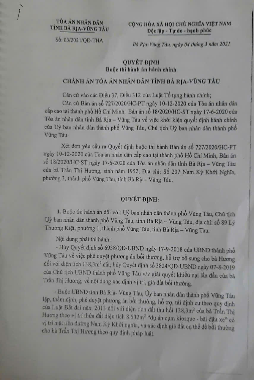 Quyết định buộc thi hành án số 03 ngày 4/2/2021 của Chánh án TAND tỉnh Bà Rịa- Vũng Tàu.