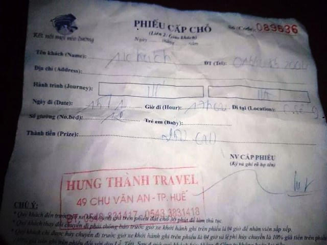 "Vé" của xe Hưng Thành được thay bằng (Phiếu cấp chỗ) (Ảnh: do hành khách cung cấp).