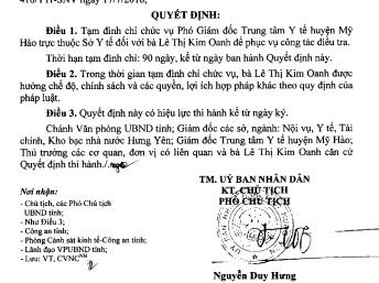 Phó Giám đốc Trung tâm Y tế huyện Mỹ Hào bị tạm đình chỉ chức vụ để điều tra