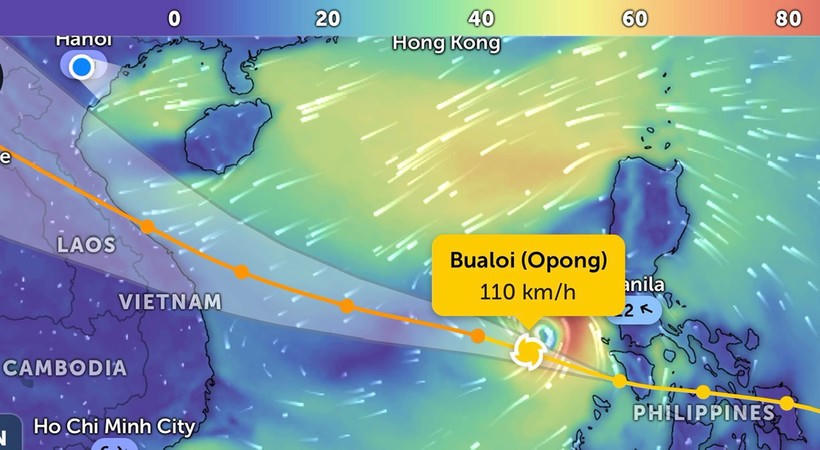 Vị trí bão Bualoi lúc 20 giờ 30 phút ngày 26/9. (Ảnh: Zoom Earth)