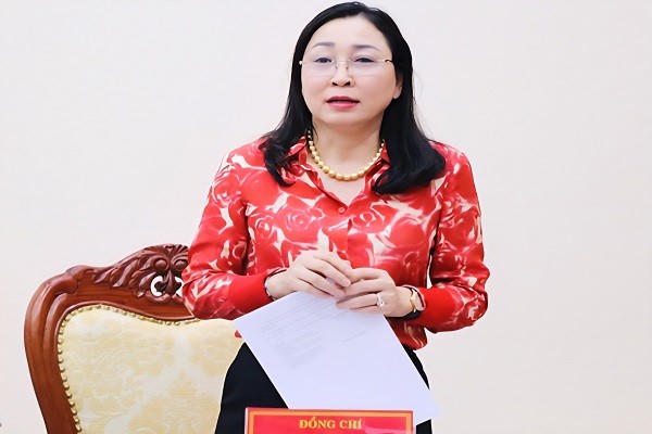 Bà Đinh Thị Lụa, Phó Bí thư Thường trực Tỉnh ủy Ninh Bình phát biểu tại hội nghị.