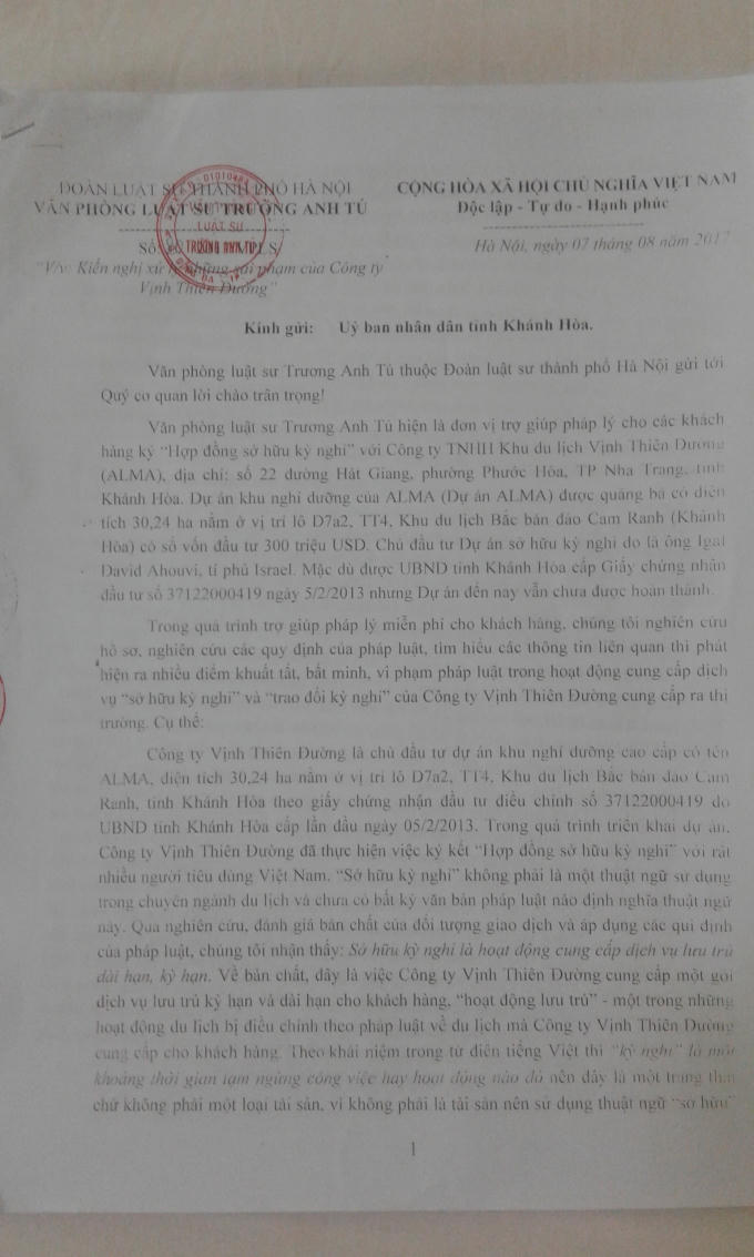 Văn phòng Luật sư Trương Anh Tú kiến nghị UBND tỉnh Khánh Hòa xử lý những sai phạm của Công ty Vịnh Thiên Đường.