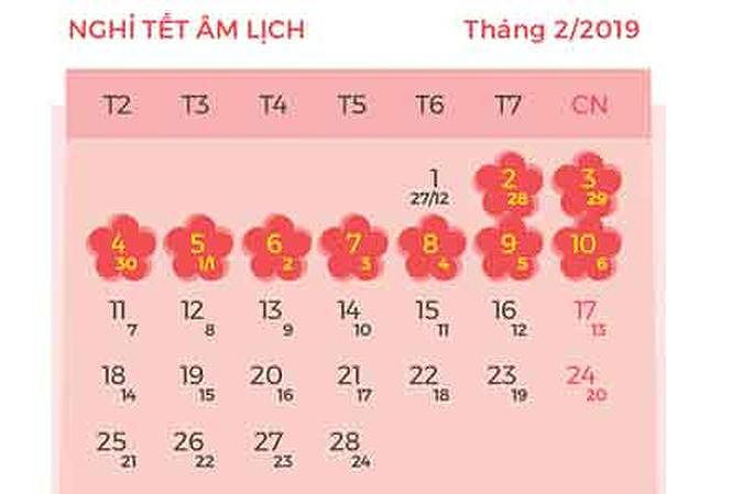 Lịch nghỉ Tết Âm lịch 2019.