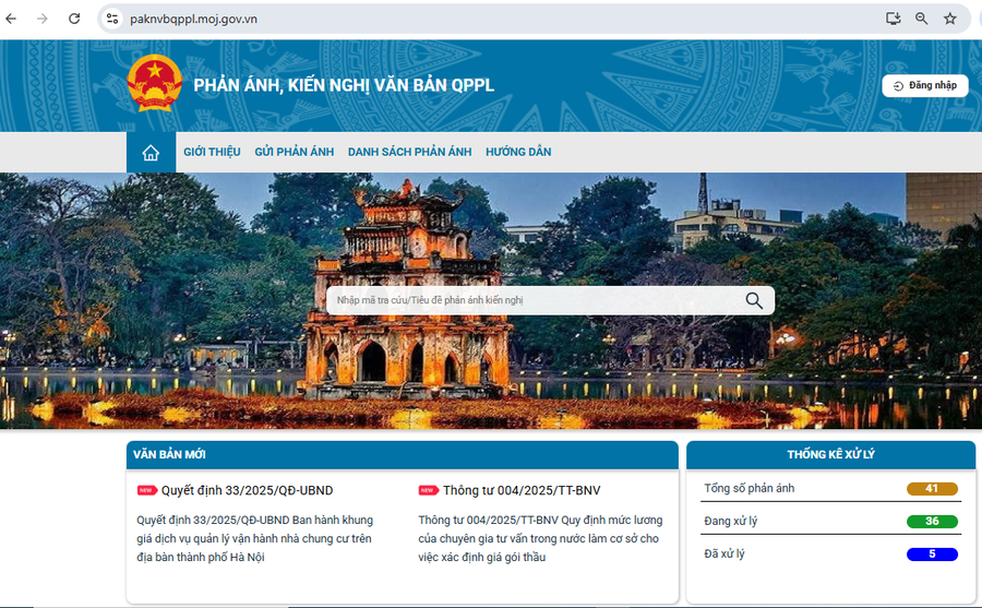 Vận hành thử nghiệm hệ thống tiếp nhận phản ánh về văn bản quy phạm pháp luật. (Ảnh chụp màn hình)