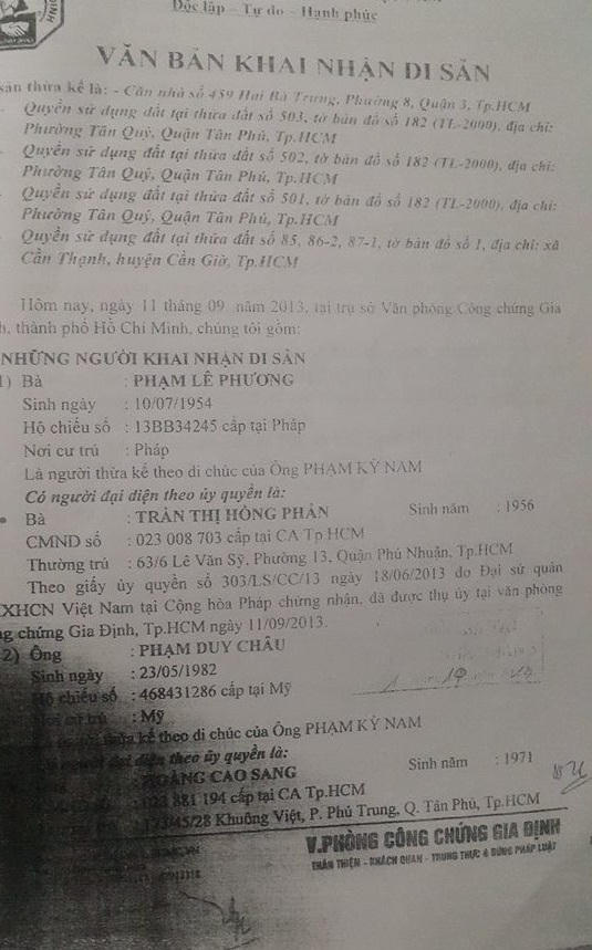 Văn bản khai nhận di sản của bà Phương và ông Châu tại văn phòng công chứng Gia Định.