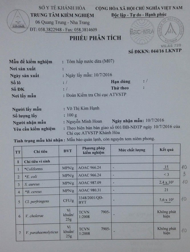 Phiếu phân tích, xét nghiệm thực phẩm.