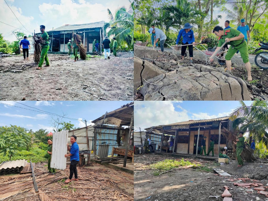 Công an xã Trần Văn Thời hỗ trợ ngày công tháo dỡ nhà dột nát để chuẩn bị xây dựng nhà mới tặng ông Trương Văn Hoàng (ngụ ấp Đất Cháy, xã Trần Văn Thời) - là thân nhân liệt sĩ CAND Trương Văn Hiệp).