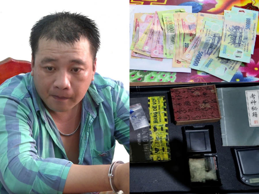 Lực lượng Công an làm việc với đối tượng Hồ Quốc An cùng tang vật bị lực lượng Công an thu giữ.