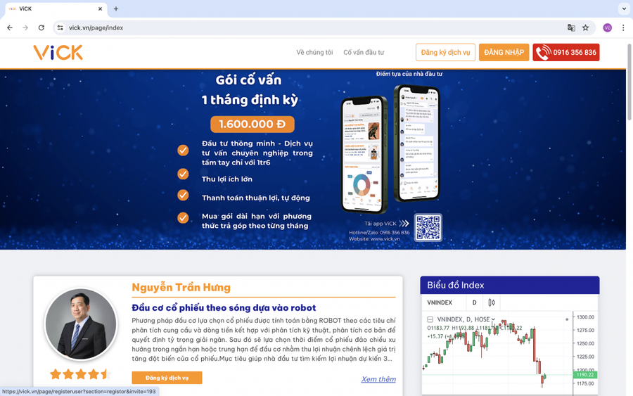 Ủy ban Chứng khoán Nhà nước (UBCKNN) vừa đưa ra cảnh báo về việc hoạt động cung cấp dịch vụ chứng khoán trên không gian mạng của Công ty cổ phần Vick. Ảnh chụp màn hình website Công ty cổ phần Vick.