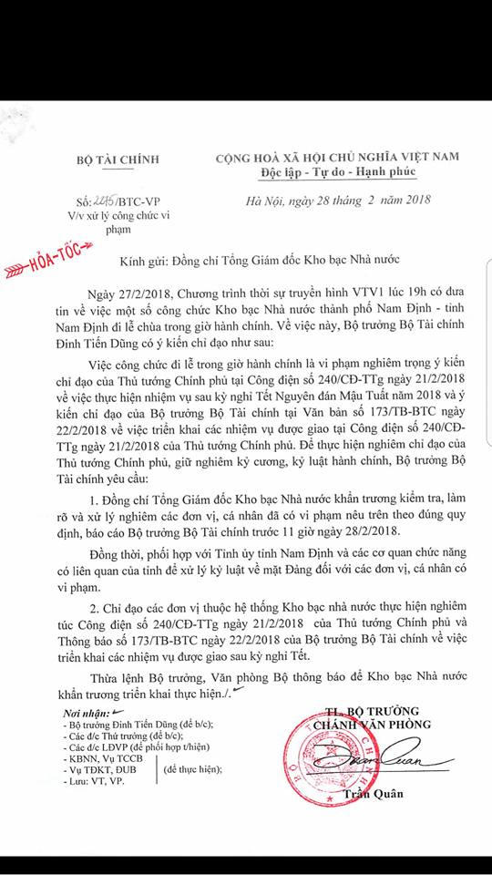 Văn bản chỉ đạo của Bộ Tài Chính