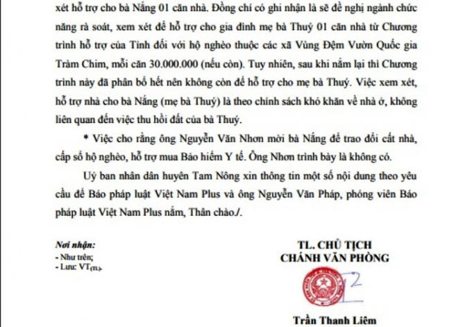 Công văn số 649 của UBND huyện Tam Nông gửi Pháp luật Plus.