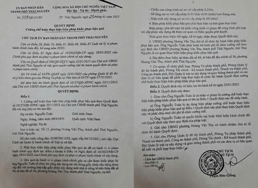 Quyết định cưỡng chế của UBND thành phố Thái Nguyên đối với công trình xây dựng của gia đình ông Nguyễn Tuân vẫn chưa được thực hiện