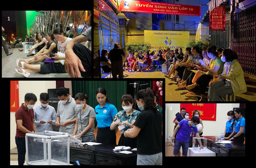 Ảnh 1 - 2: Phụ huynh xếp hàng từ nửa đêm để nộp hồ sơ cho con vào trường THPT (Ảnh tư liệu) Ảnh 3 - 4: Cuộc bốc thăm may rủi để trẻ có được suất vào học tại trường mầm non Hoàng Liệt, phường Hoàng Liệt, quận Hoàng Mai (Ảnh tư liệu)