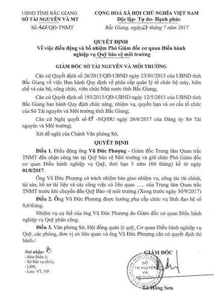 Quyết định điều động ông Vũ Đức Phượng nguyên Giám đốc Trung tâm Quan trắc TN&amp;MT nhận công tác tại Quỹ bảo vệ Môi trường và nhận chức vụ Phó Giám đốc (!?)