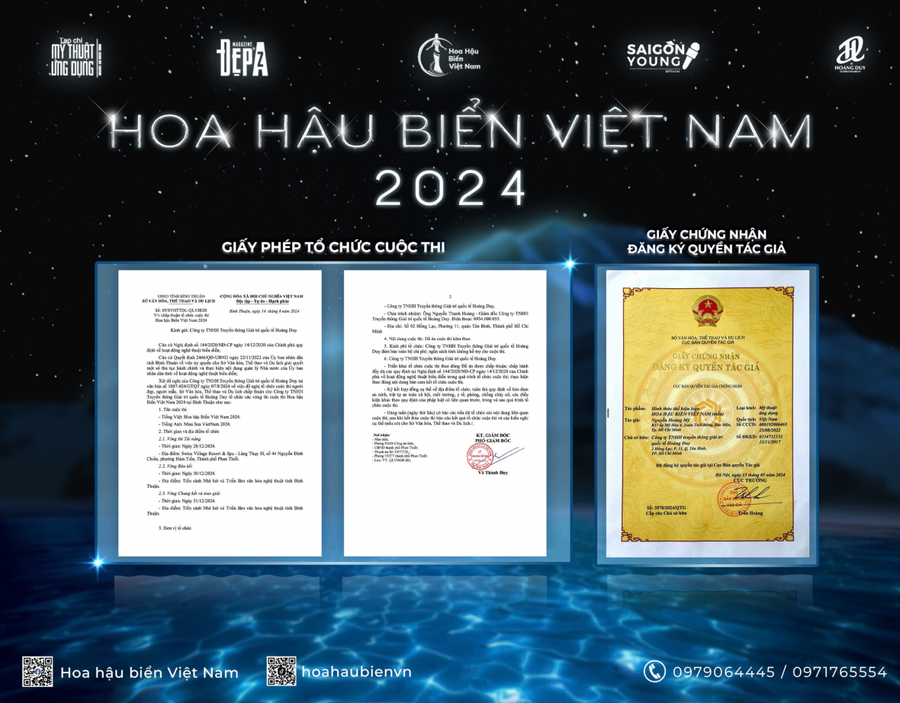 Cuộc thi Hoa hậu Biển Việt Nam 2024 do công ty TNHH Truyền Thông Giải Trí Quốc Tế Hoàng Duy tổ chức được cấp giấy phép tổ chức