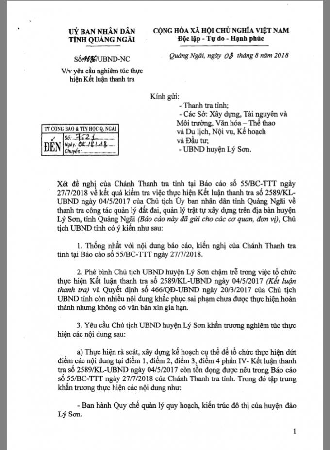 Quảng Ngãi phê bình Chủ tịch UBND huyện Lý Sơn chưa nghiêm túc thực hiện Kết luận thanh tra.