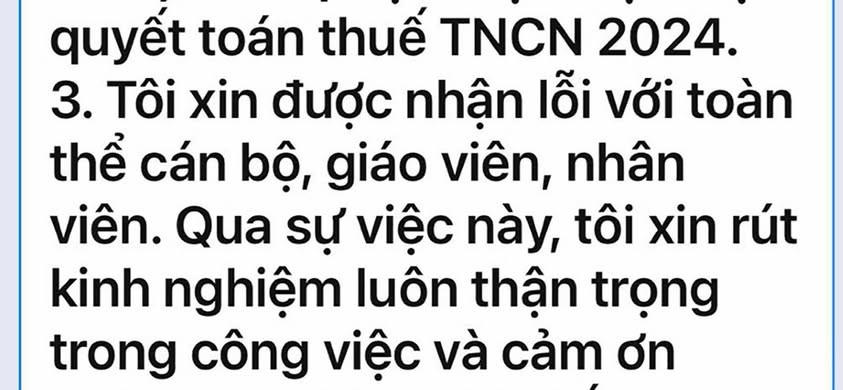 Kế toán trưởng Trường Trung học Phổ thông chuyên Phan Bội Châu nhắn tin vào nhóm tập thể cán bộ, giáo viên, nhân viên trước sự việc. Ảnh nhà trường cung cấp