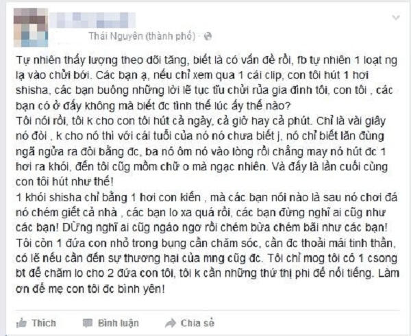 Status "phản pháo" lại dư luận về sự việc cho con trẻ hút Shisha.