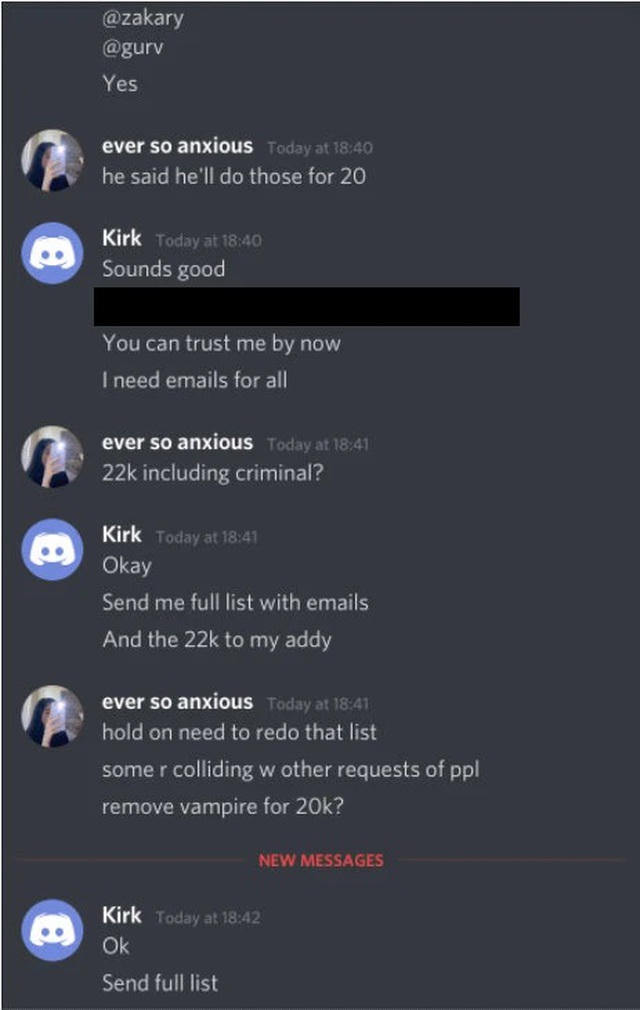 Một đoạn chat giữa Kirk và “ever so anxious” để bàn luận về việc rao bán tài khoản Twitter chiếm đoạt được