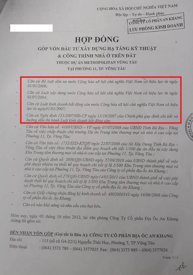 Hợp đồng góp vốn đầu tư xây dưng dự án giữa Cty An Khang và đối tác.