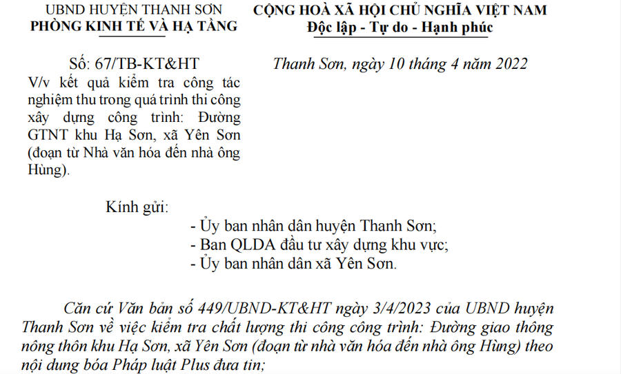Báo cáo số 67 của phòng kinh tế và hạ tầng huyện Thanh Sơn sau khi UBND huyện Thanh Sơn chỉ đạo làm rõ nội dung Báo Pháp luật Việt Nam phản ánh.