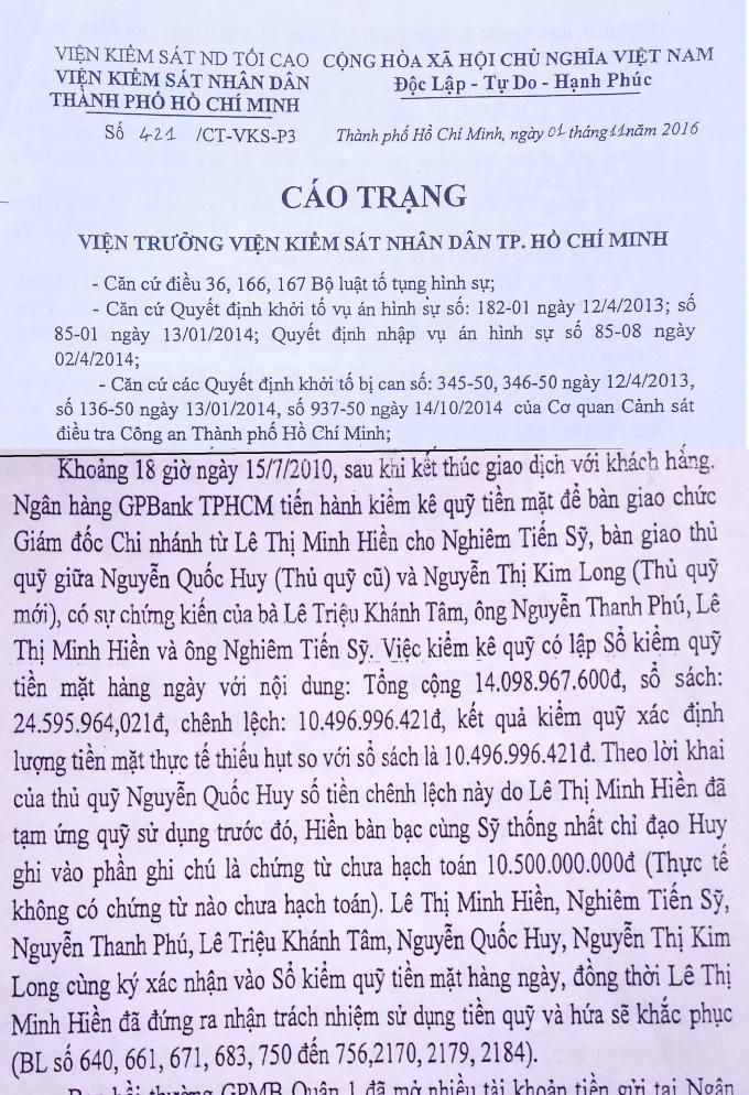 Cáo trạng của VKS nhân dân TP HCM.