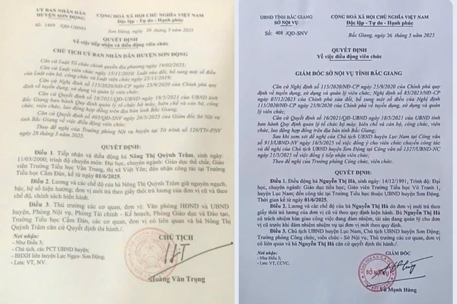 Hai quyết định này là đều ban hành trước ngày 02/6/2025, thời điểm mà Sở Nội vụ tỉnh Bắc Giang mới chính thức ban hành Công văn số 1707/SNV-CCVC, hướng dẫn cụ thể về việc thuyên chuyển, tiếp nhận và tuyển dụng giáo viên trong tỉnh năm 2025.
