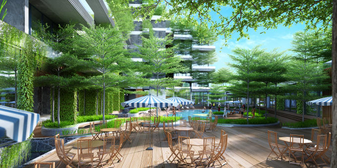 Nhà hàng ngoài trời kết nối với sân vườn.